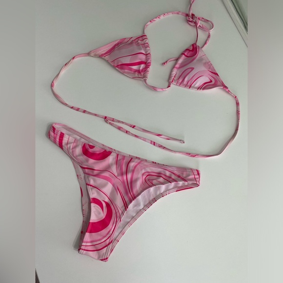 Retro Pink Print Pattern 3 Piece Triangle Bikini in Size 0 XS - Picture 3 of 5